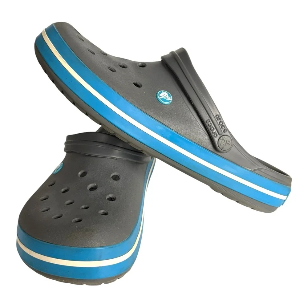 Crocs Mens 13 Crocsband Slip On Clogs Shoes Waterproof Sandals Blue White Gray
